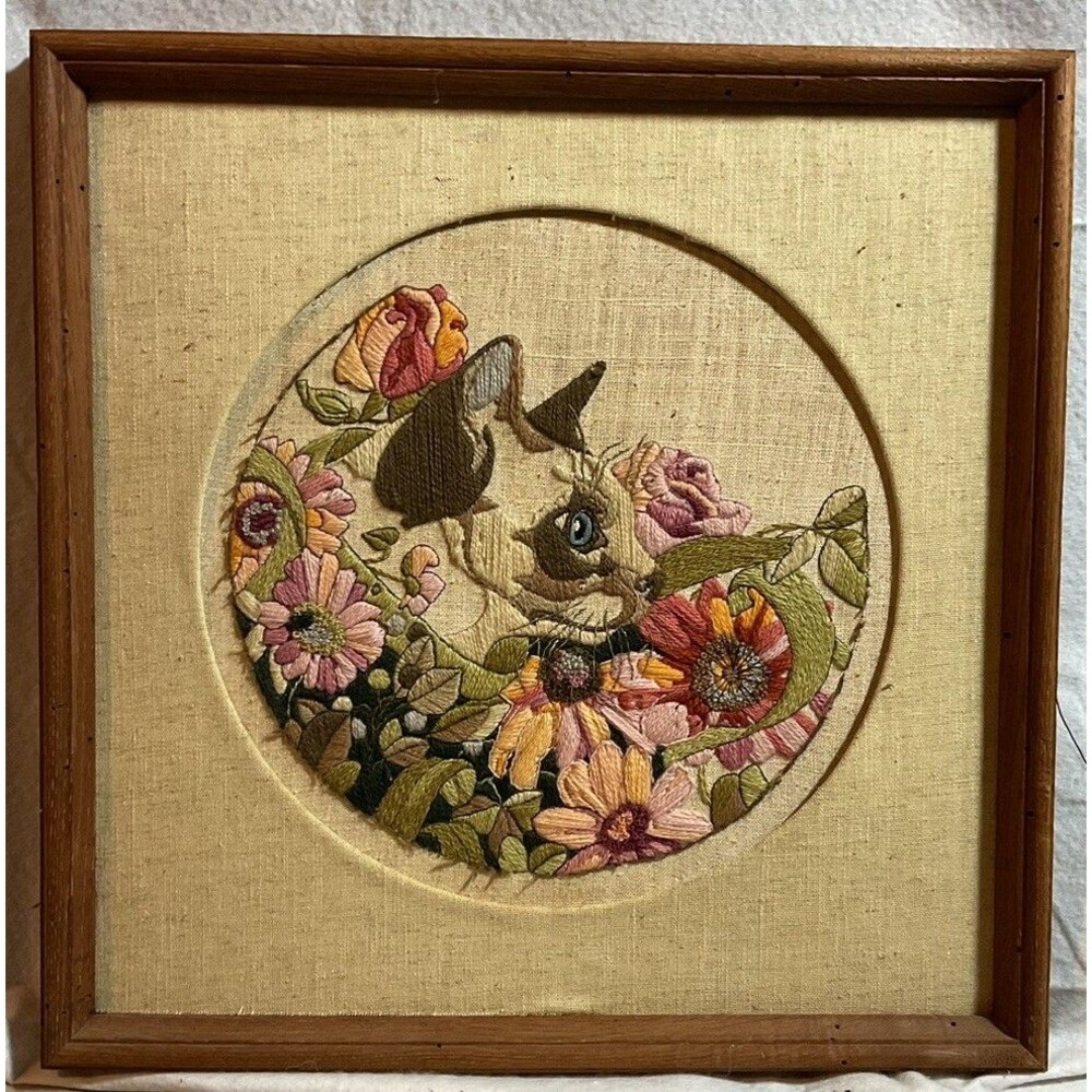 Handmade Embroidery Siamese Cat With Flowers Vintage